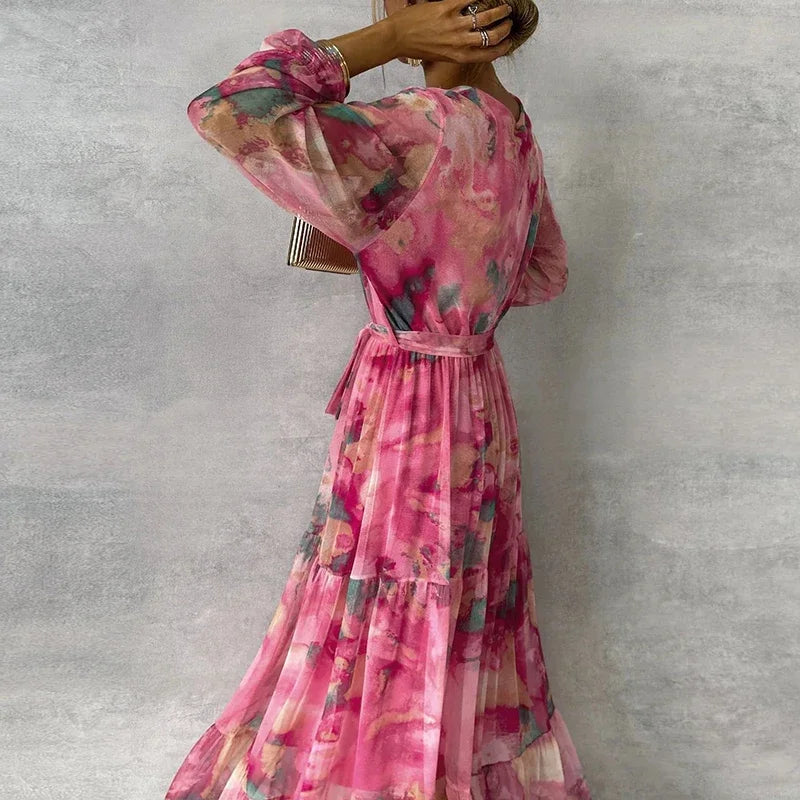 Effortless Pink Tie Dye Maxi Dress for Women with V Neck Wrap Long Sleeve Tiered Ruffle Bohemian Style