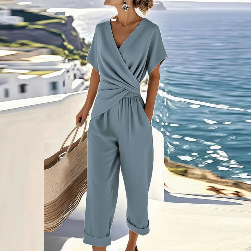 Effortless Wide Leg Jumpsuit for Women with V Neck Short Sleeve Wrap Waist Cropped Style