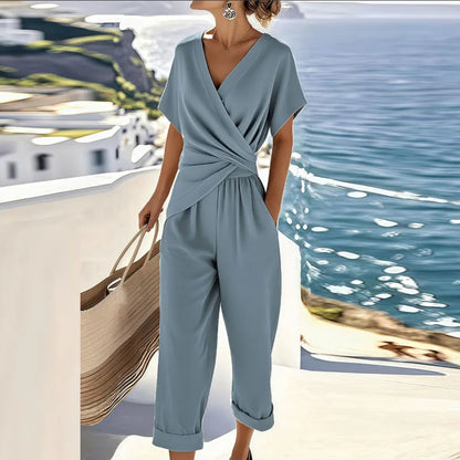 Effortless Wide Leg Jumpsuit for Women with V Neck Short Sleeve Wrap Waist Cropped Style
