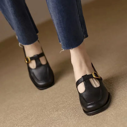 Elegant Leather Mary Jane Loafer for Women with Square Toe T Strap Buckle Block Heel Vintage Style