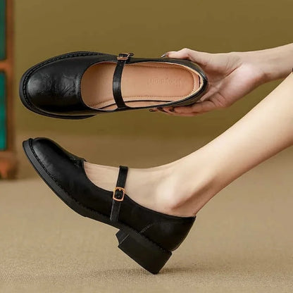 Elegant Leather Mary Jane Shoes for Women with Round Toe Buckle Strap Block Heel Vintage Style