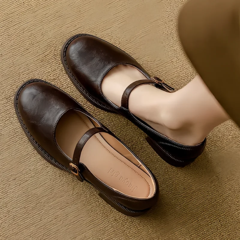 Elegant Leather Mary Jane Shoes for Women with Round Toe Buckle Strap Block Heel Vintage Style