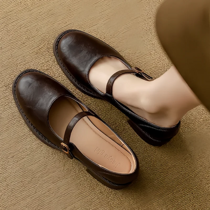 Elegant Leather Mary Jane Shoes for Women with Round Toe Buckle Strap Block Heel Vintage Style