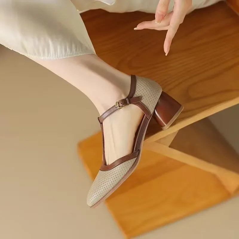 Elegant Perforated Leather T-Strap Sandal for Women with Square Toe Block Heel Buckle Mary Jane Style