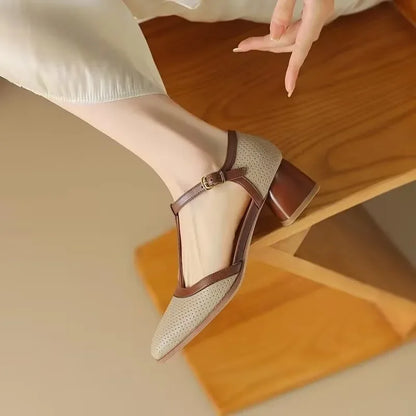 Elegant Perforated Leather T-Strap Sandal for Women with Square Toe Block Heel Buckle Mary Jane Style