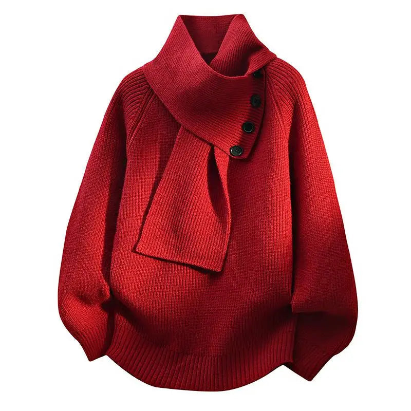 Comfortable Ribbed Sweater for Women with Asymmetric Collar Long Sleeve Button Front Oversized Knit Style