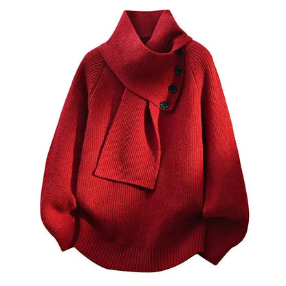Comfortable Ribbed Sweater for Women with Asymmetric Collar Long Sleeve Button Front Oversized Knit Style