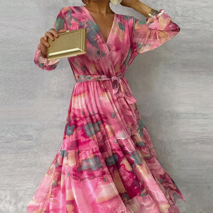 Effortless Pink Tie Dye Maxi Dress for Women with V Neck Wrap Long Sleeve Tiered Ruffle Bohemian Style