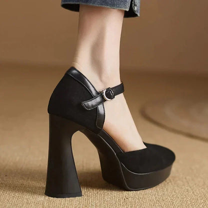 Stylish Suede Platform Pumps for Women with Mary Jane Ankle Strap Chunky Heel Style