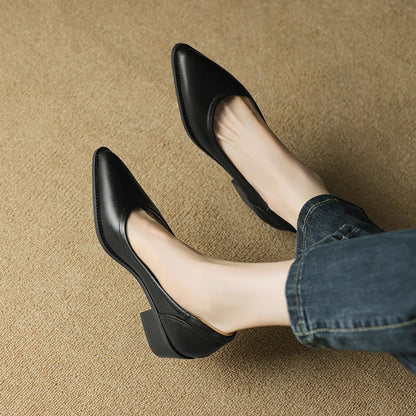 Elegant Leather Pointed Toe Pump for Women with V Cut Vamp Block Heel Slip On Casual Style