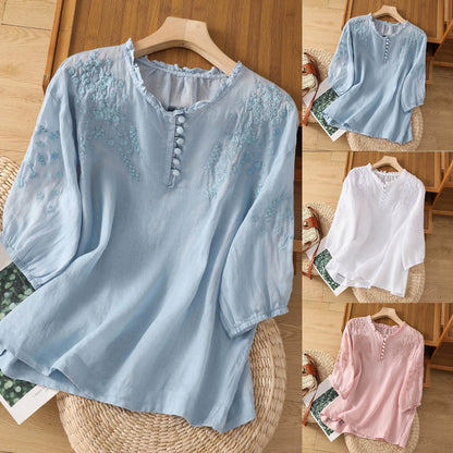 Effortless Embroidered Linen Blouse for Women with V Neck Elbow Sleeve Ruffled Collar Relaxed Boho Style