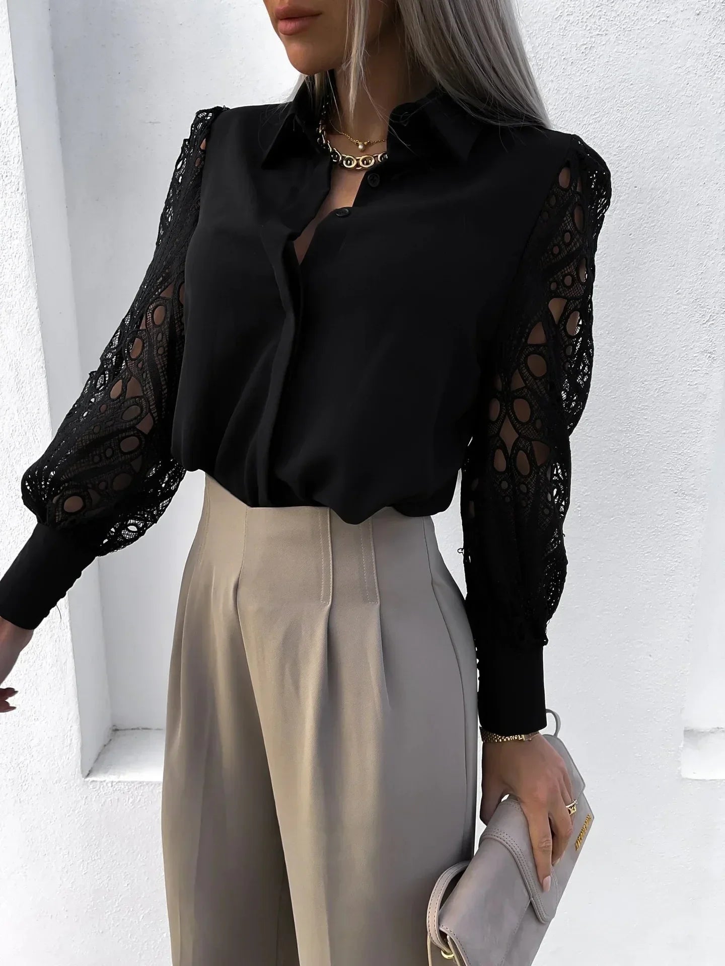 Elegant Crochet Lace Blouse for Women with Collar Long Sleeve Button Front Relaxed Silky Style