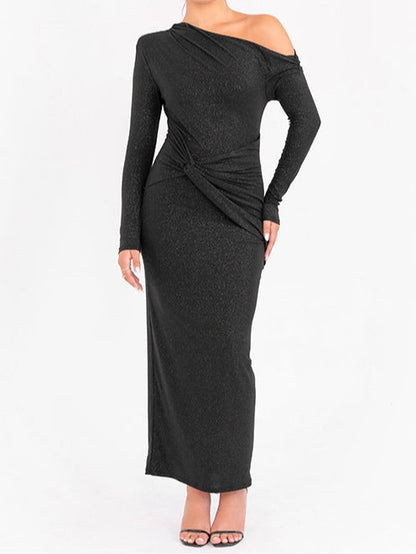 Elegant Glitter Maxi Dress for Women with Off Shoulder Long Sleeve Ruched Bodycon Formal Party Style