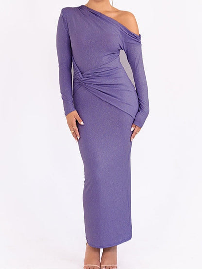 Elegant Glitter Maxi Dress for Women with Off Shoulder Long Sleeve Ruched Bodycon Formal Party Style
