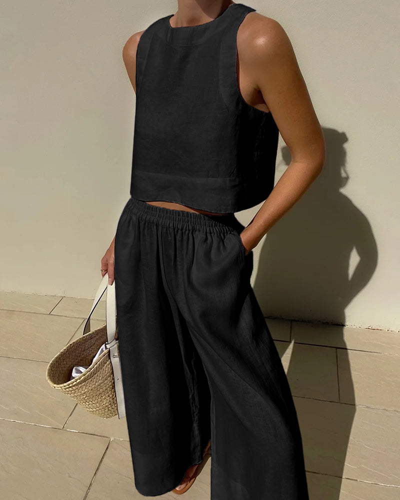 Effortless Linen Wide Leg Set for Women with Square Neck Sleeveless Relaxed Two Piece Style