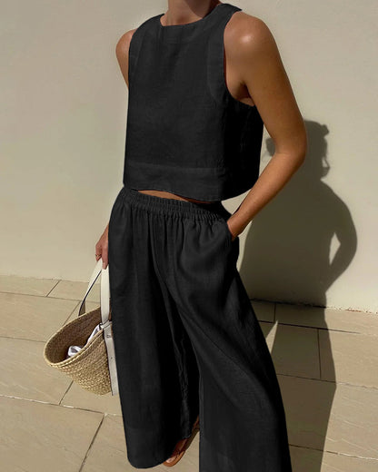 Effortless Linen Wide Leg Set for Women with Square Neck Sleeveless Relaxed Two Piece Style