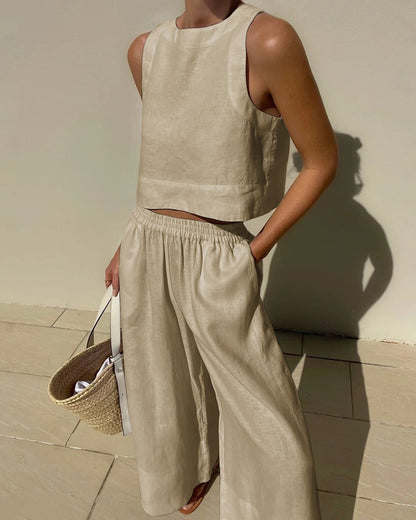 Effortless Linen Wide Leg Set for Women with Square Neck Sleeveless Relaxed Two Piece Style