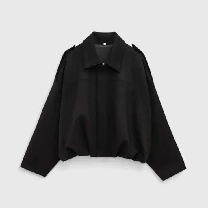 Effortless Faux Suede Cropped Jacket for Women with Point Collar Long Sleeve Oversized Bubble Hem Casual Style