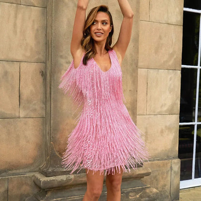 Elegant Fringe Sequin Mini Dress for Women with V Neck Sleeveless Tiered Flapper Party Style