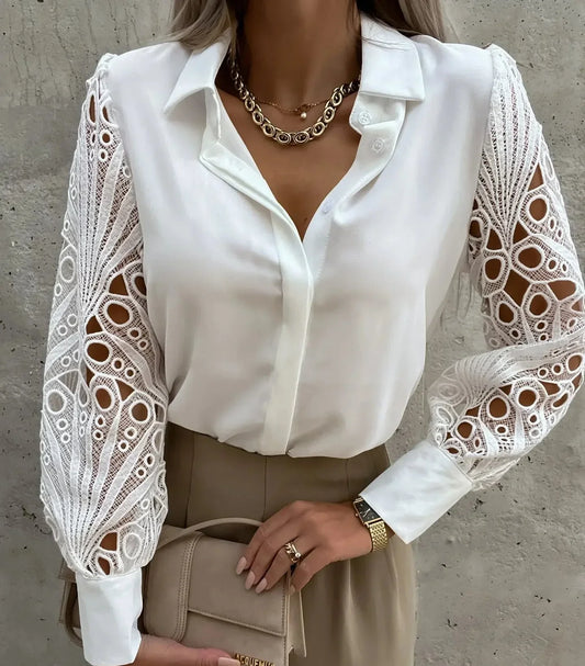 Elegant Crochet Lace Blouse for Women with Collar Long Sleeve Button Front Relaxed Silky Style
