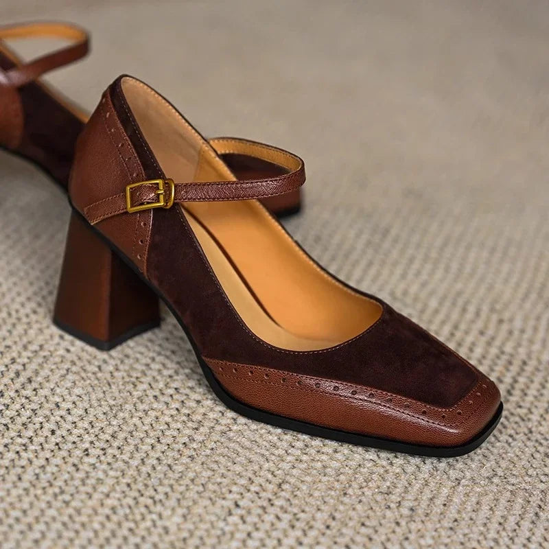Elegant Brogue Mary Jane Pumps for Women with Square Toe Buckle Strap Block Heel Style