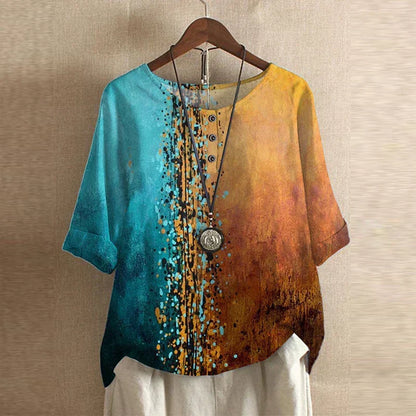 Effortless Patchwork Print Blouse for Women with Round Neck Elbow Sleeve Relaxed Boho Style