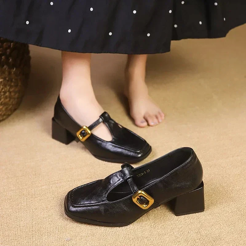 Elegant Leather Mary Jane Pumps for Women with Square Toe T Strap Buckle Block Heel Vintage Style