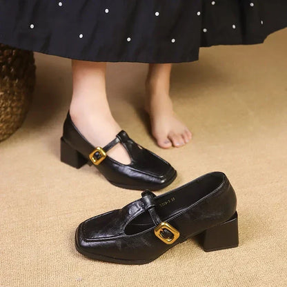 Elegant Leather Mary Jane Pumps for Women with Square Toe T Strap Buckle Block Heel Vintage Style