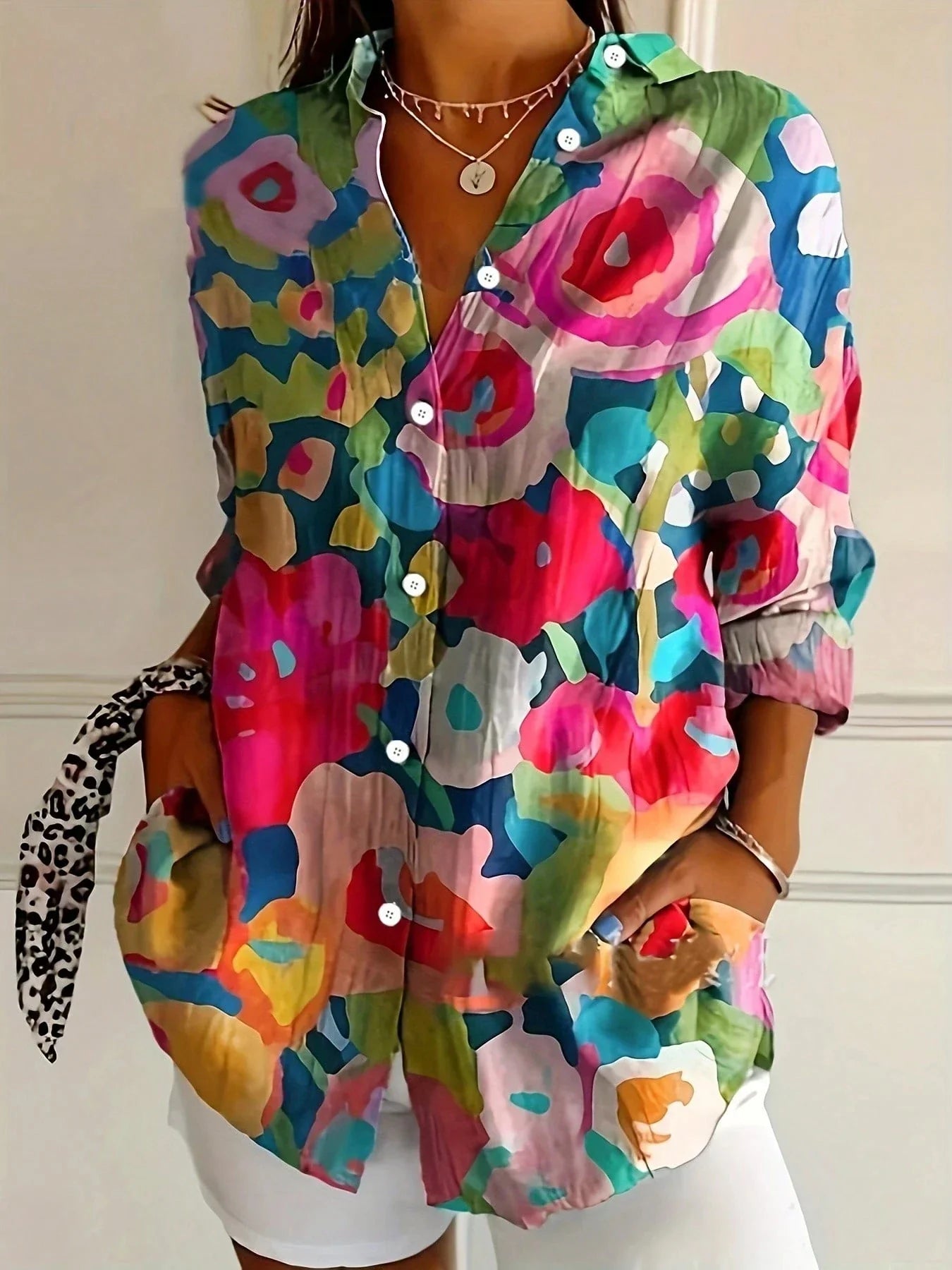 Effortless Watercolor Floral Blouse for Women with Collar Long Sleeve Button Front Relaxed Casual Style