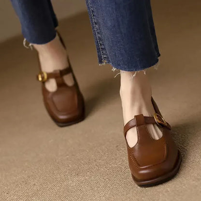 Elegant Leather Mary Jane Loafer for Women with Square Toe T Strap Buckle Block Heel Vintage Style