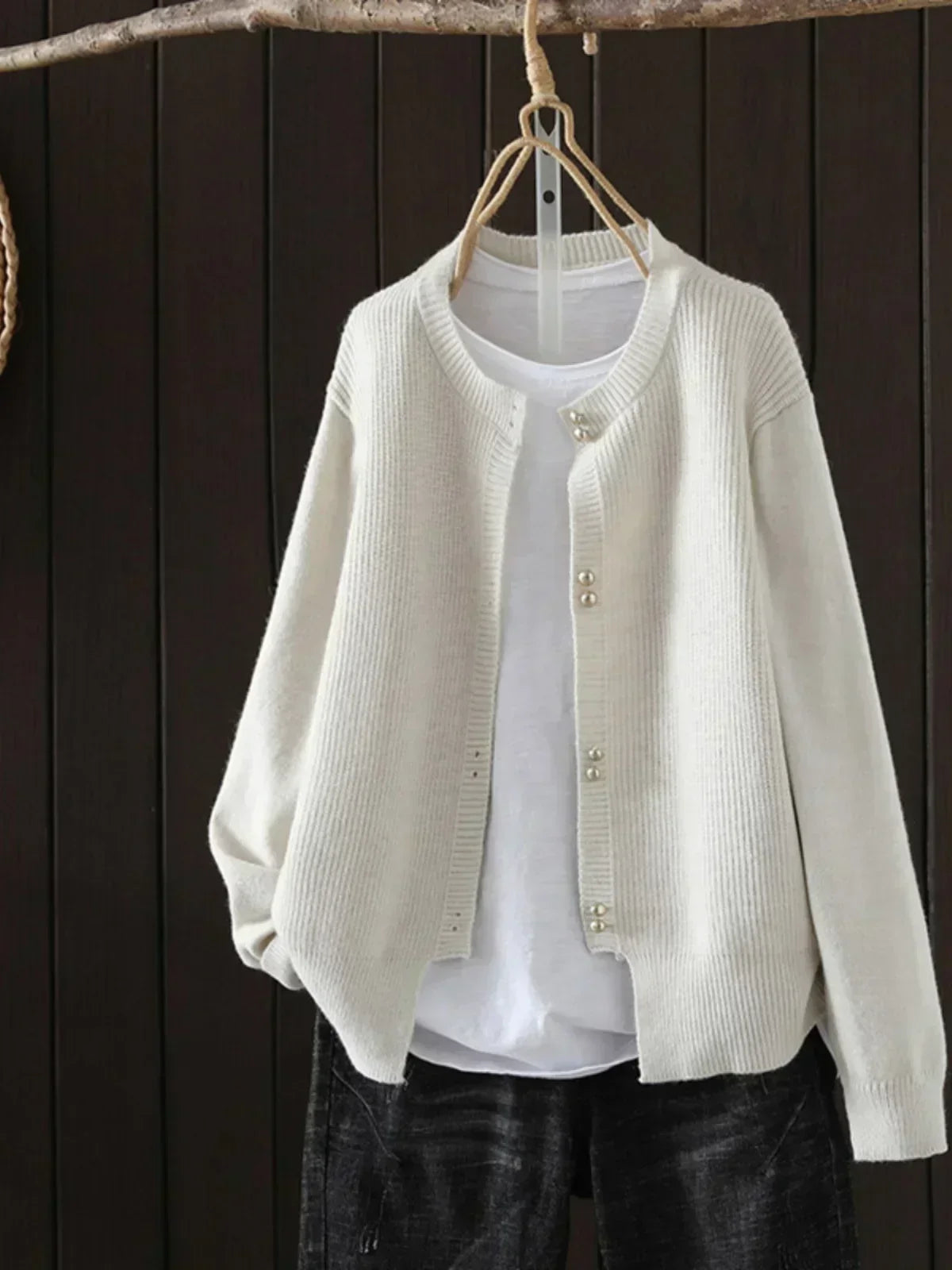 Comfortable Ribbed Cardigan Sweater for Women with Round Neck Long Sleeve Pearl Button Relaxed Oversized Style