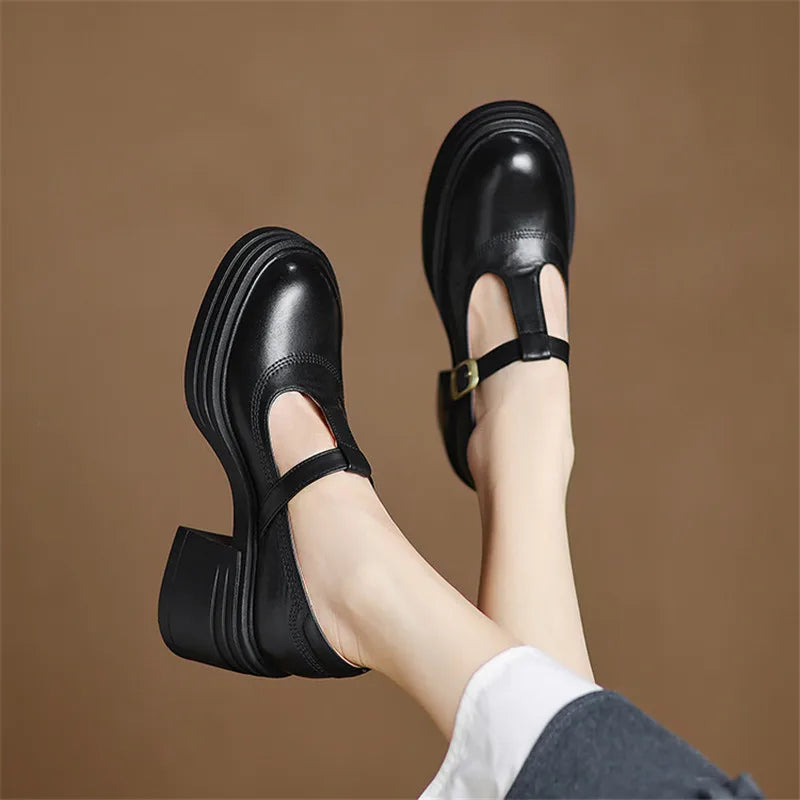 Elegant Leather Mary Jane Platform Heels for Women with T Strap Buckle Round Toe Chunky Heel Style