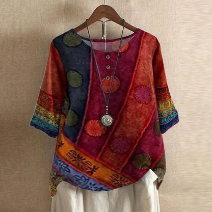 Effortless Patchwork Print Blouse for Women with Round Neck Elbow Sleeve Relaxed Boho Style