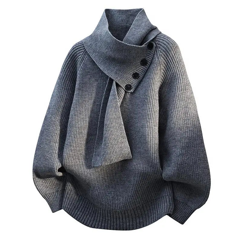 Comfortable Ribbed Sweater for Women with Asymmetric Collar Long Sleeve Button Front Oversized Knit Style