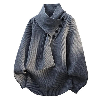 Comfortable Ribbed Sweater for Women with Asymmetric Collar Long Sleeve Button Front Oversized Knit Style