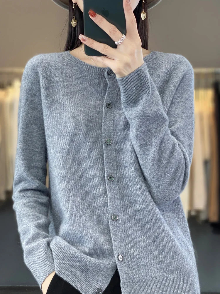Comfortable Knit Cardigan Sweater for Women with Round Neck Long Sleeve Button Front Relaxed Style
