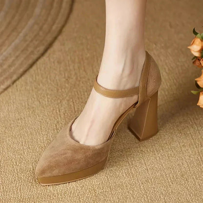 Stylish Suede Platform Pumps for Women with Mary Jane Ankle Strap Chunky Heel Style