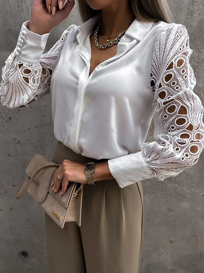 Elegant Crochet Lace Blouse for Women with Collar Long Sleeve Button Front Relaxed Silky Style