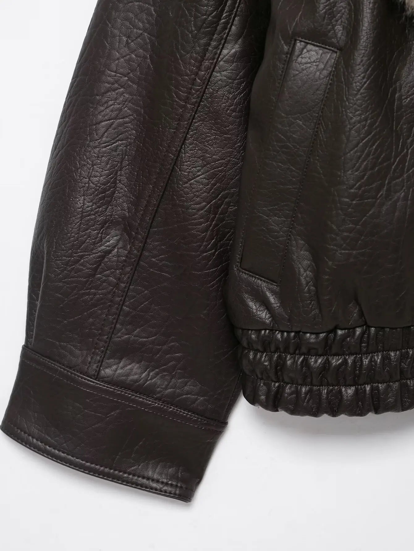 Elegant Faux Fur Collar Leather Jacket for Women with Long Sleeve Oversized Snap Button Bomber Style