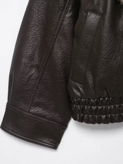 Elegant Faux Fur Collar Leather Jacket for Women with Long Sleeve Oversized Snap Button Bomber Style