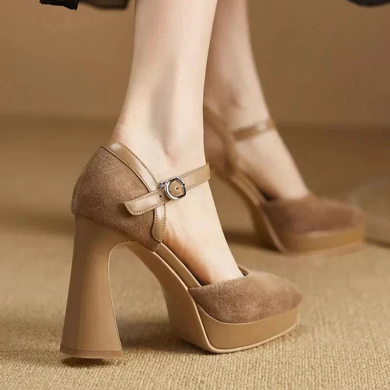 Stylish Suede Platform Pumps for Women with Mary Jane Ankle Strap Chunky Heel Style