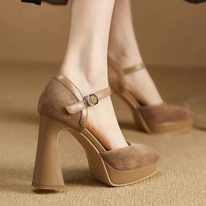 Stylish Suede Platform Pumps for Women with Mary Jane Ankle Strap Chunky Heel Style