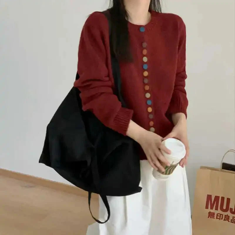 Comfortable Rainbow Button Cardigan Sweater for Women with Round Neck Long Sleeve Cropped Ribbed Knit Style