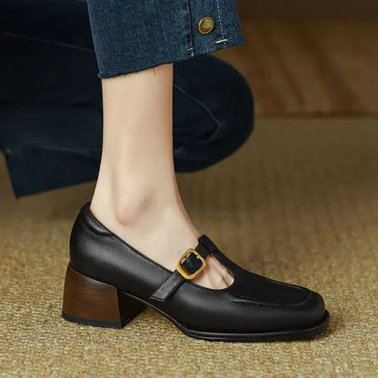 Elegant Leather Mary Jane Loafer for Women with Square Toe T Strap Buckle Block Heel Vintage Style