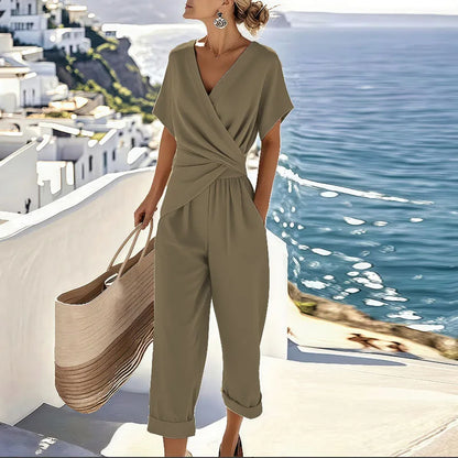 Effortless Wide Leg Jumpsuit for Women with V Neck Short Sleeve Wrap Waist Cropped Style