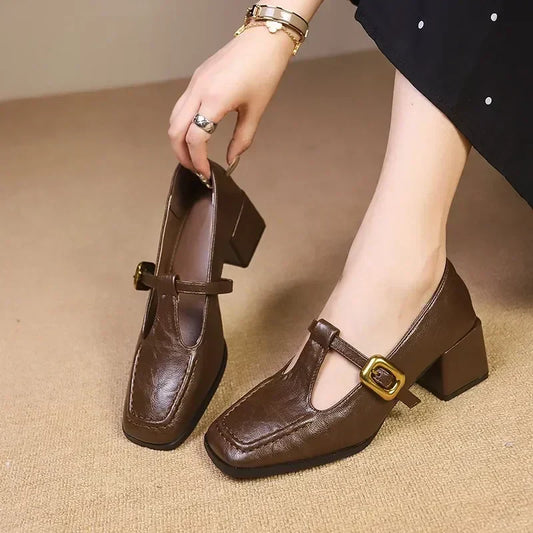 Elegant Leather Mary Jane Pumps for Women with Square Toe T Strap Buckle Block Heel Vintage Style