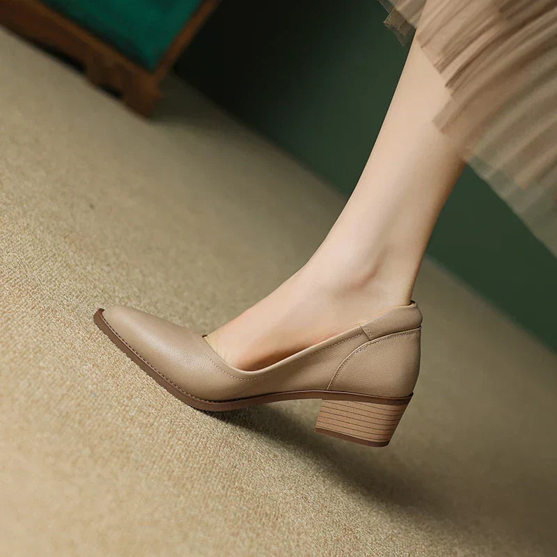 Elegant Leather Pointed Toe Pump for Women with V Cut Vamp Block Heel Slip On Casual Style