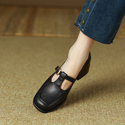 Elegant Leather Mary Jane Loafer for Women with Square Toe T Strap Buckle Block Heel Vintage Style