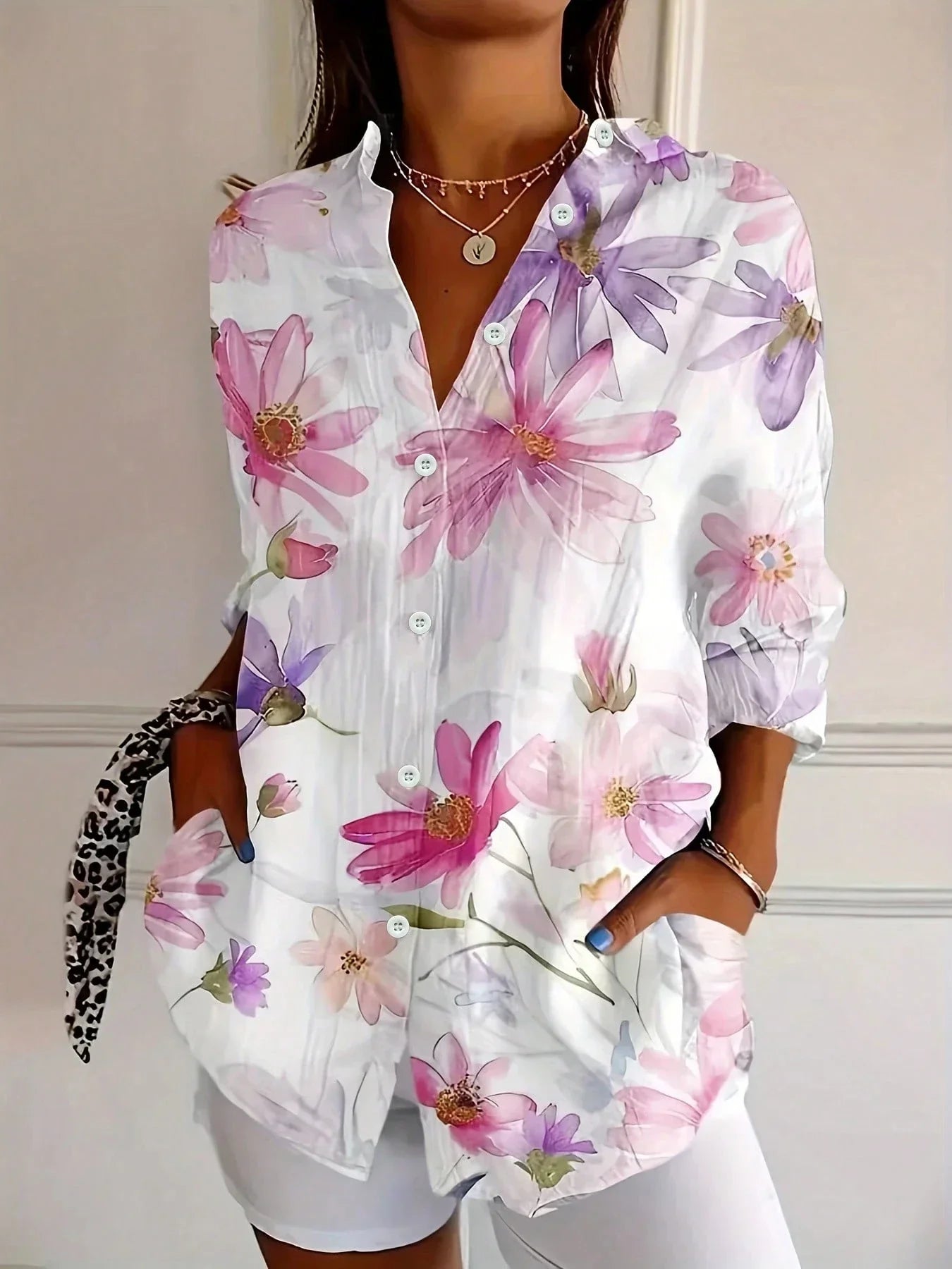 Effortless Watercolor Floral Blouse for Women with Collar Long Sleeve Button Front Relaxed Casual Style
