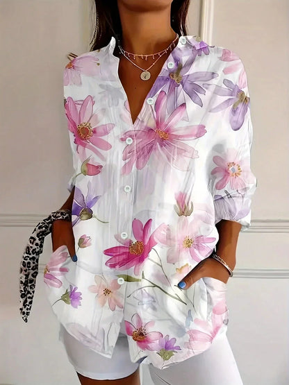 Effortless Floral Print Blouse for Women with V Neck Long Sleeve Button Front Relaxed Tunic Style